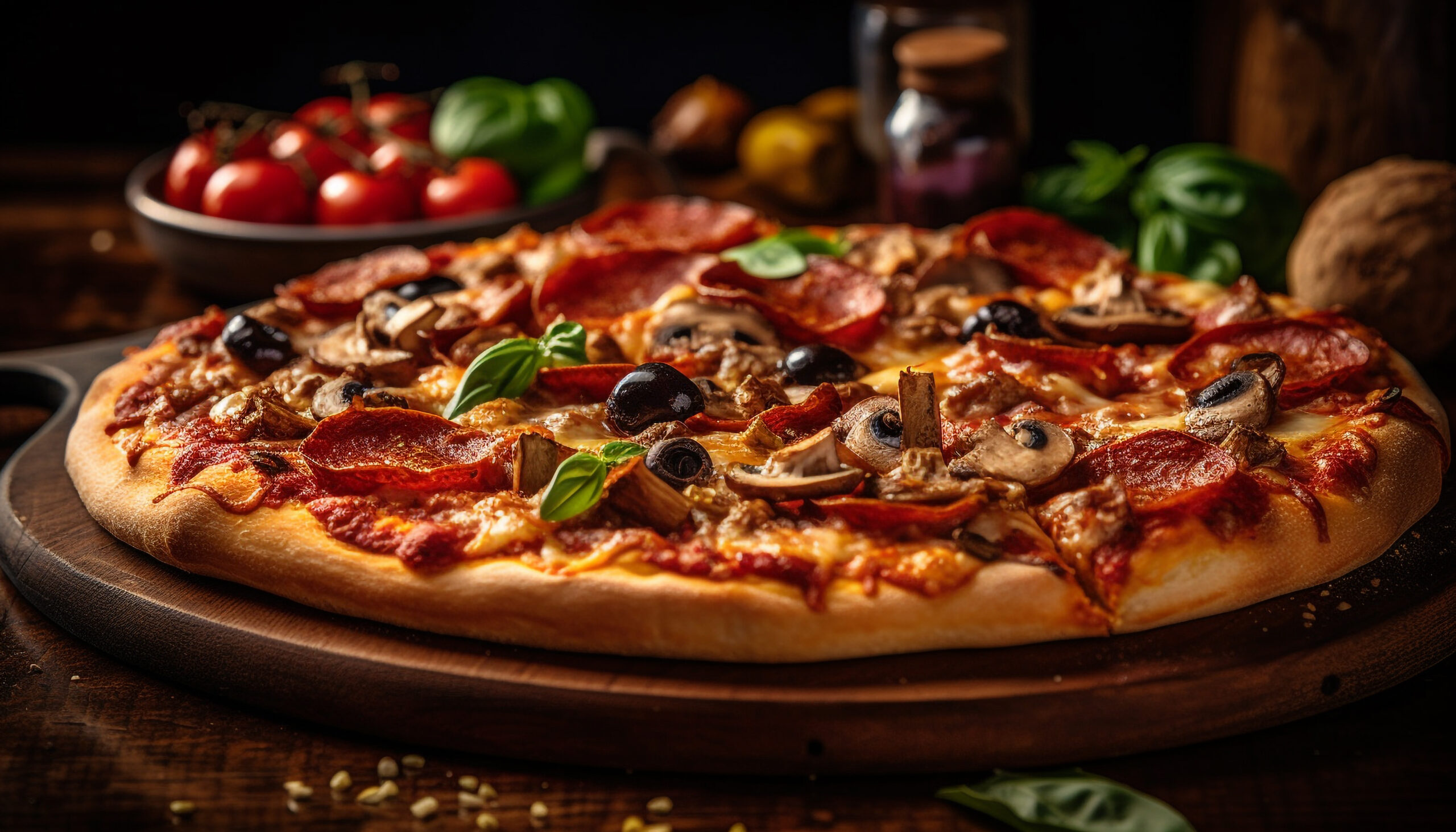 Freshly baked pizza on rustic wooden table generated by artificial intelligence